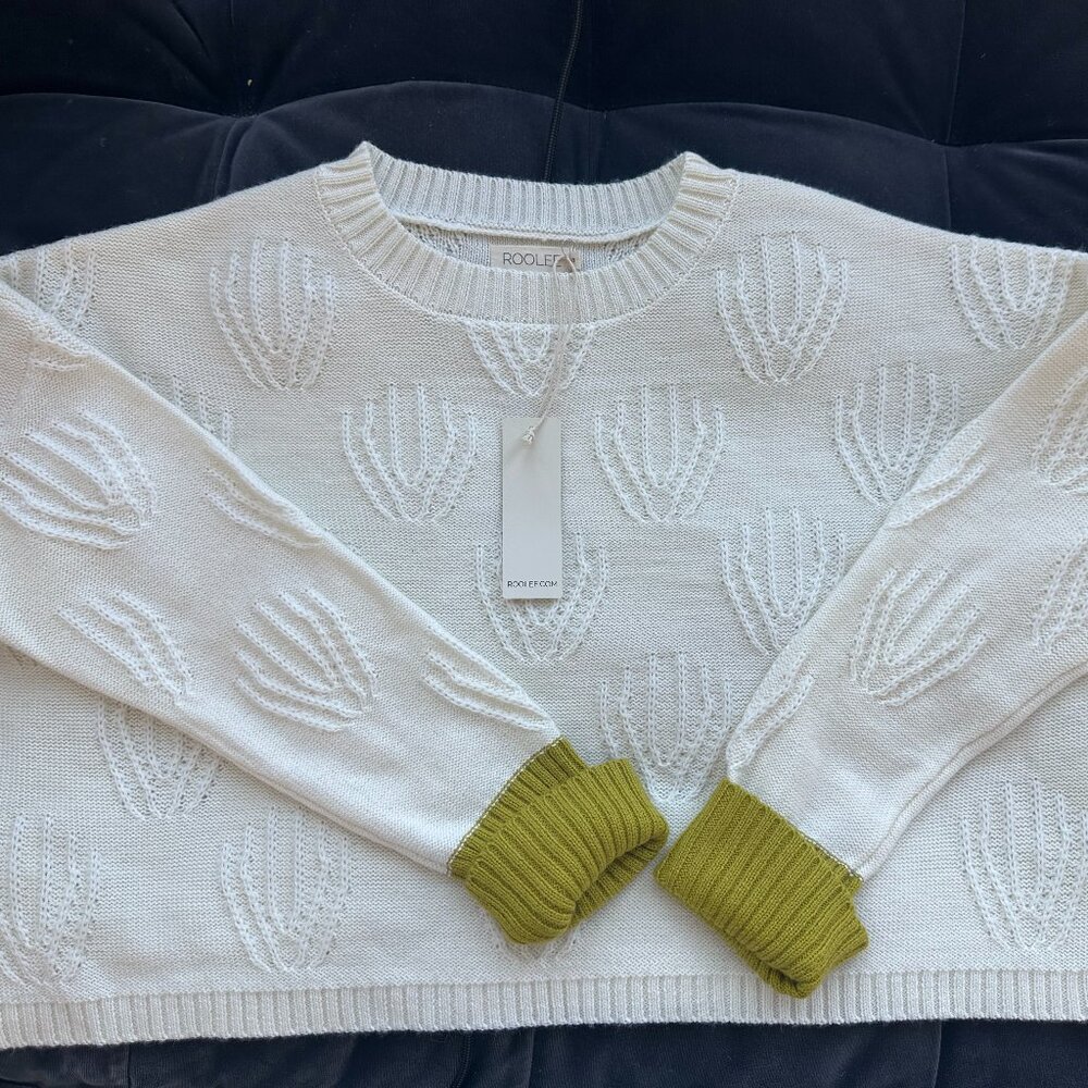 NWT Roolee Ecru Sweater with green cuffs size S